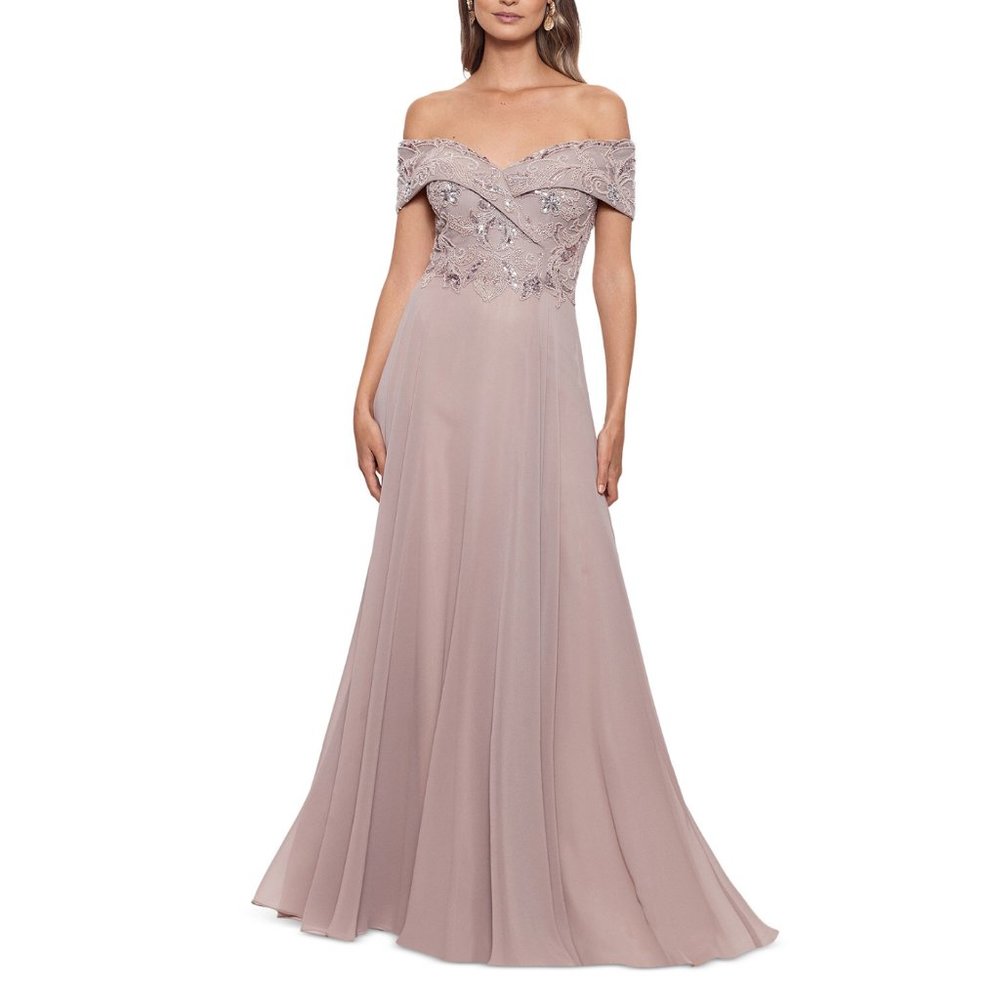 Xscape Womens Beaded Off-The-Shoulder Formal Evening Maxi Dress Gown Petites 4P